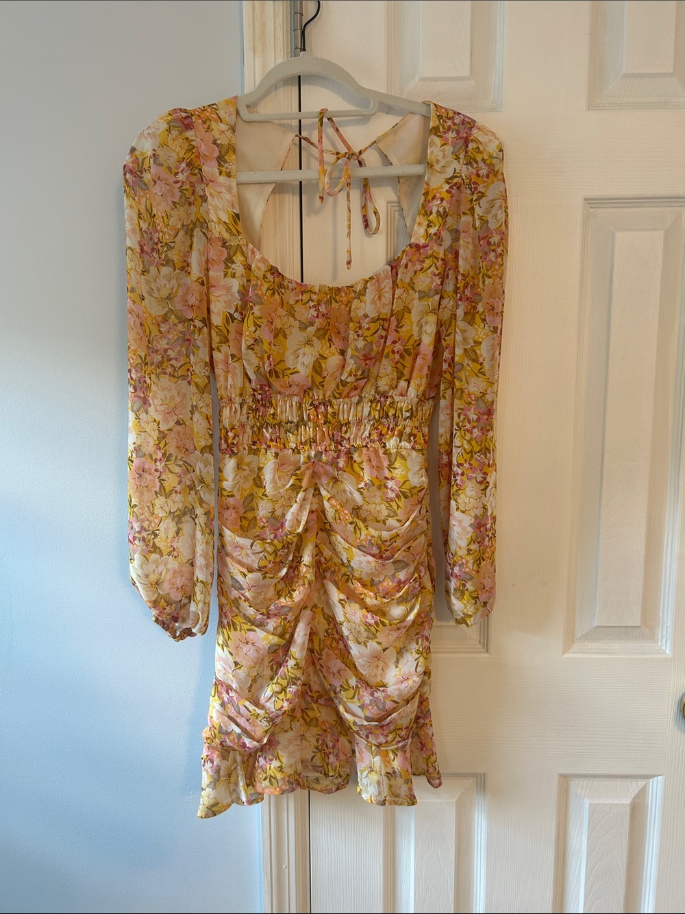 Floral Ruched Long-Sleeve Mini Dress - Pink & Yellow
